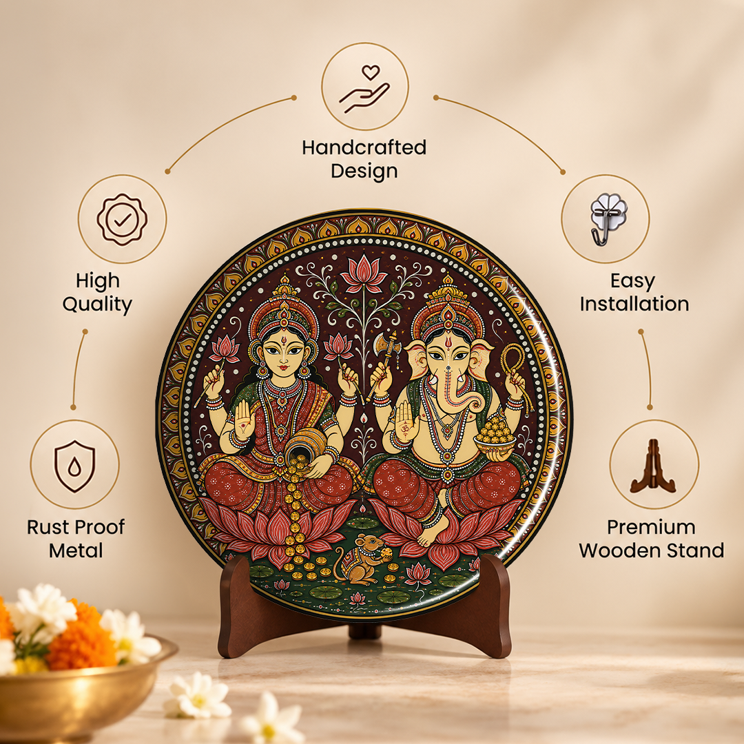 Shree Laxmi Ganesh  – Bengal Art Inspired 8 Inch Table Top Wall Plate with Stand
