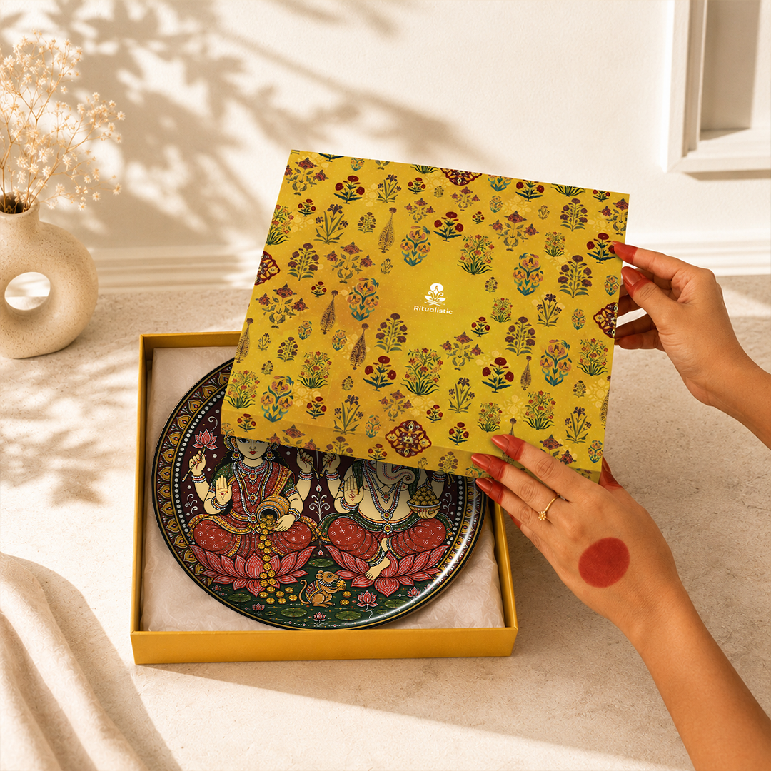 Shree Laxmi Ganesh  – Bengal Art Inspired 8 Inch Table Top Wall Plate with Stand