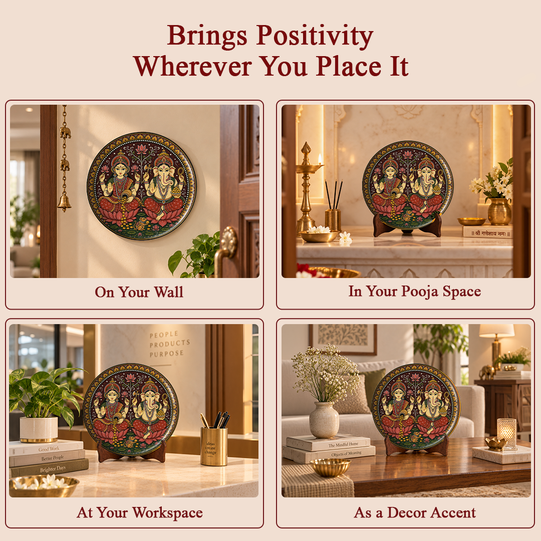 Shree Laxmi Ganesh  – Bengal Art Inspired 8 Inch Table Top Wall Plate with Stand