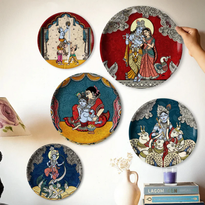 Krishna Kathayein in Kalamkari - Set of 5 Wall Plates