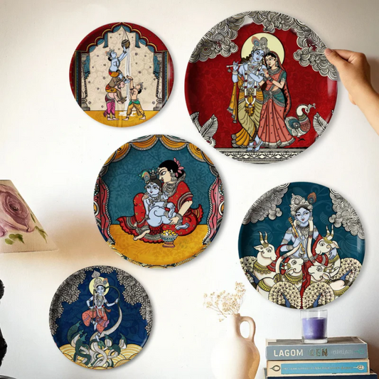 Krishna Kathayein in Kalamkari - Set of 5 Wall Plates