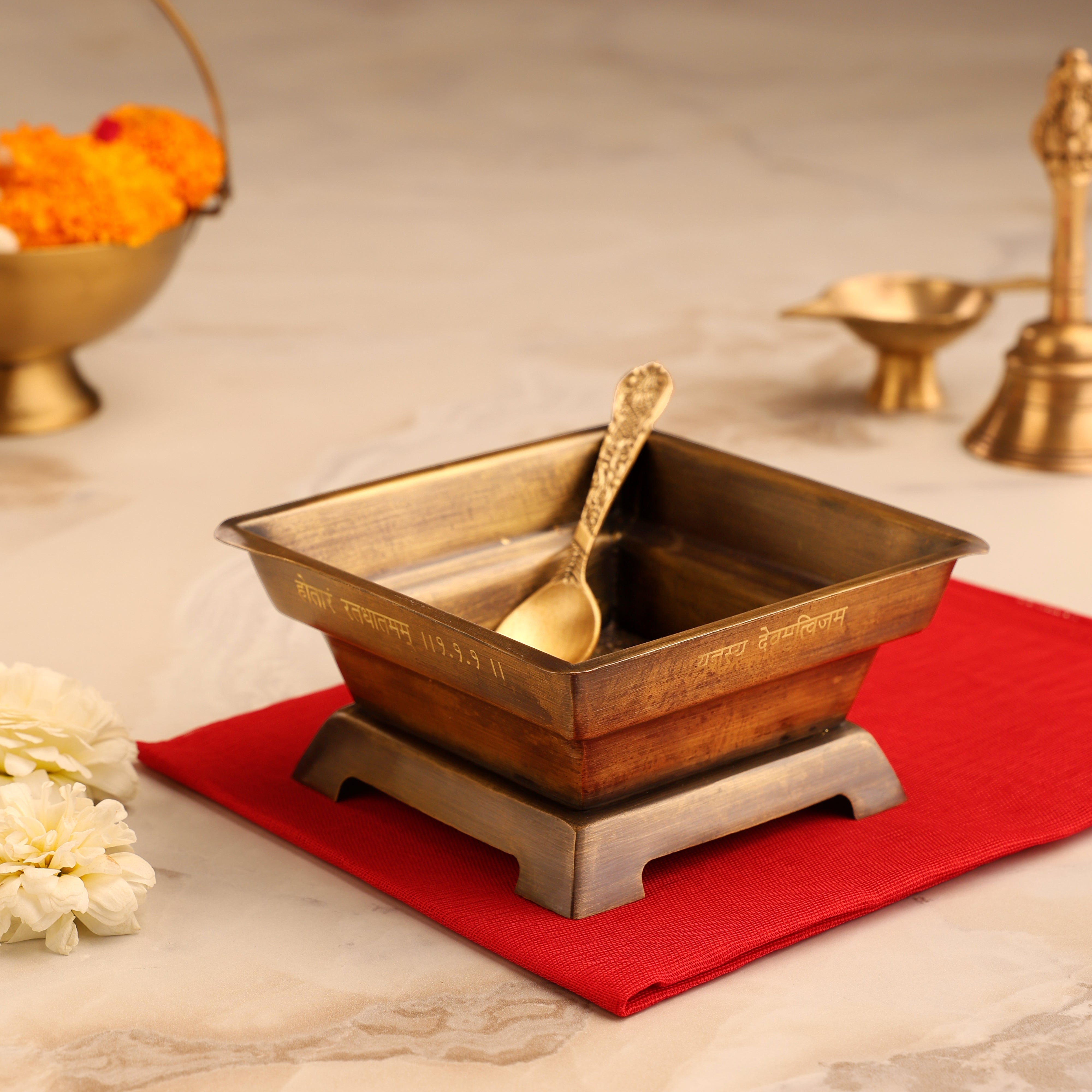 Handcrafted Brass Hawan kund with spoon for Daily Pooja Home Ritual (Large - 260 gms approx)