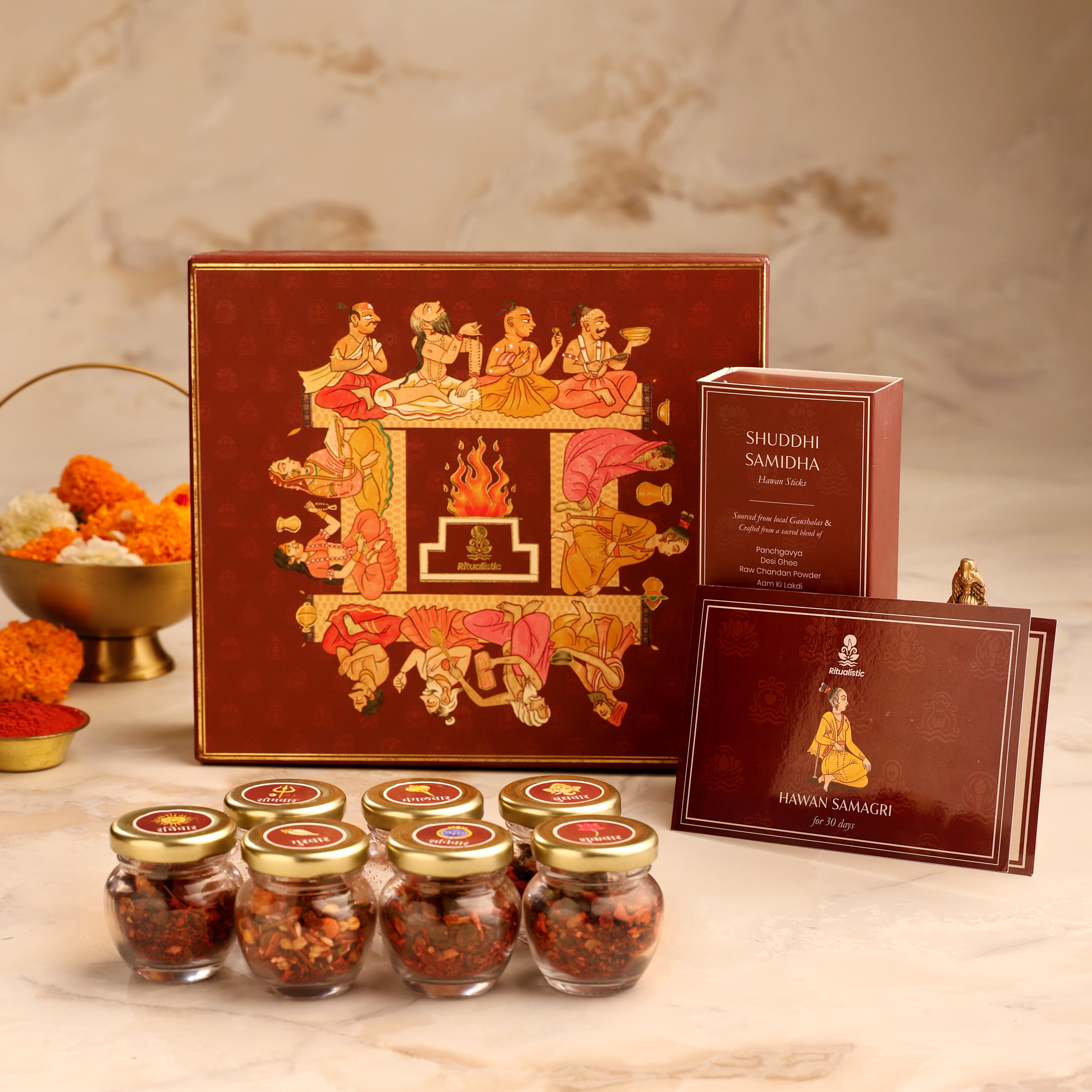 Hawan Samagri 8-in-1 Monthly Ritual Box – 7 Days of Devotion & Divine Energy with Organic Samidha Sticks (20gms each)