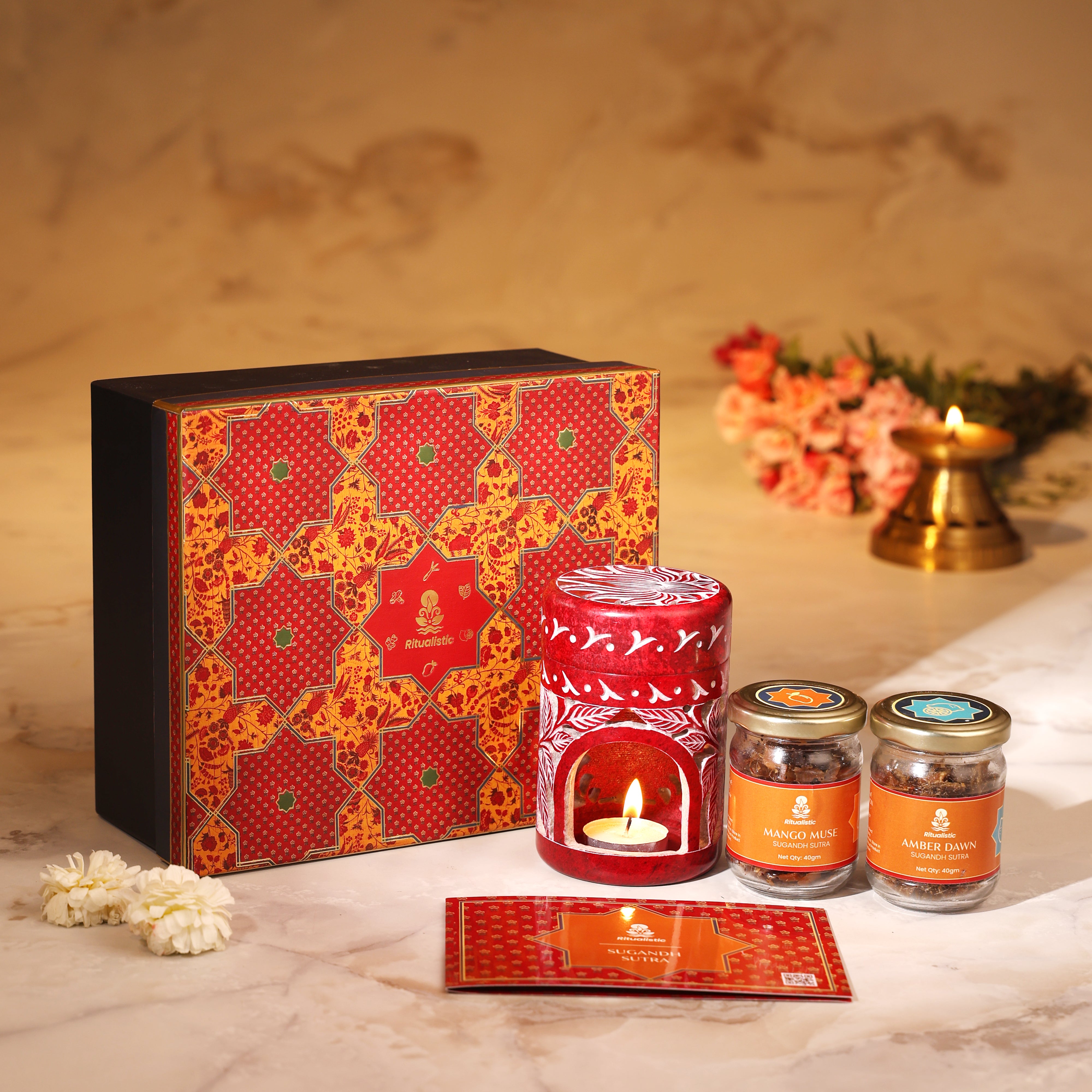Sugandh-Sutra 3-in-1 Bakhoor Fragrance Kit - Lotus Handcarved Soapstone Burner with 2 Unique Fragrances (45 gm each)
