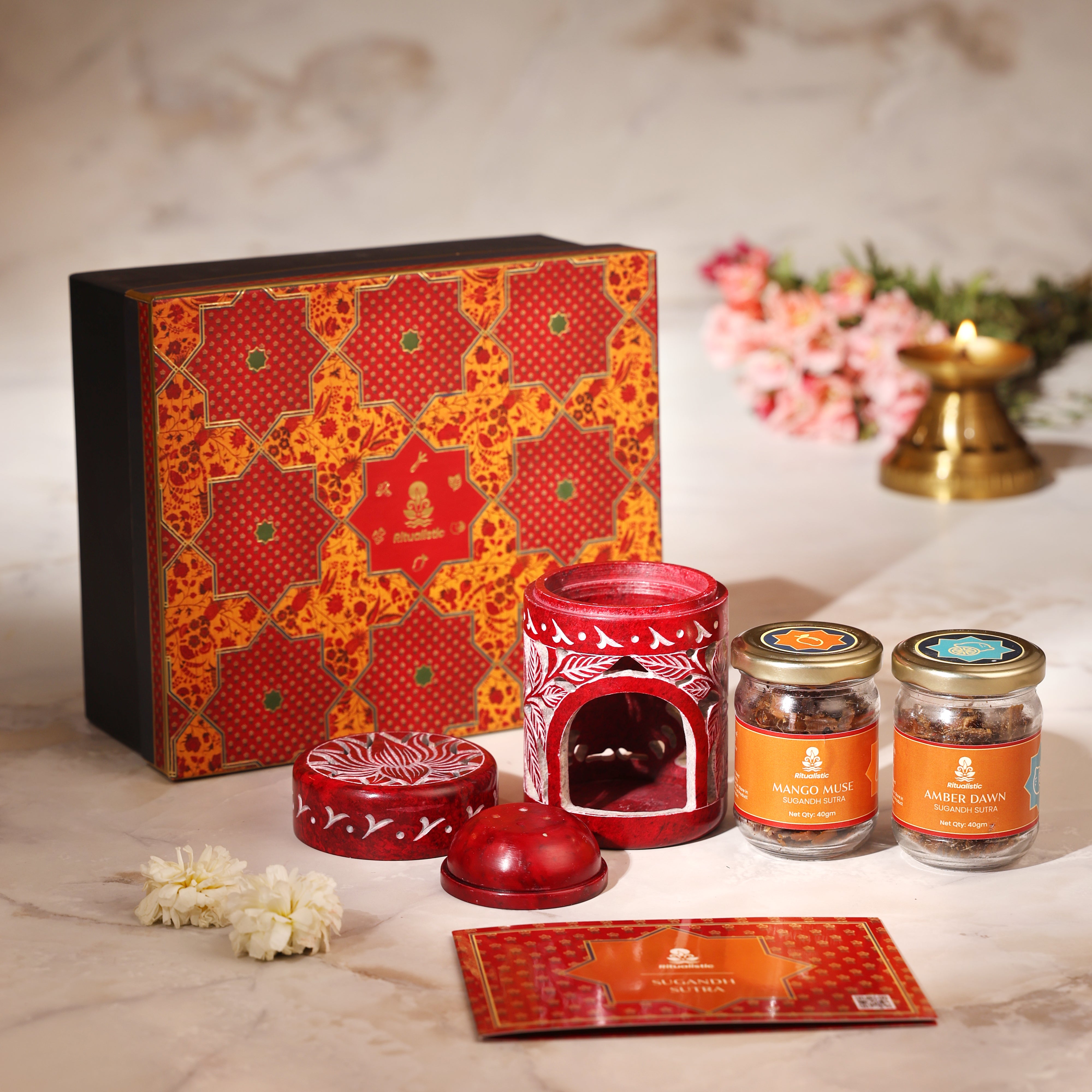 Sugandh-Sutra 3-in-1 Bakhoor Fragrance Kit - Lotus Handcarved Soapstone Burner with 2 Unique Fragrances (45 gm each)