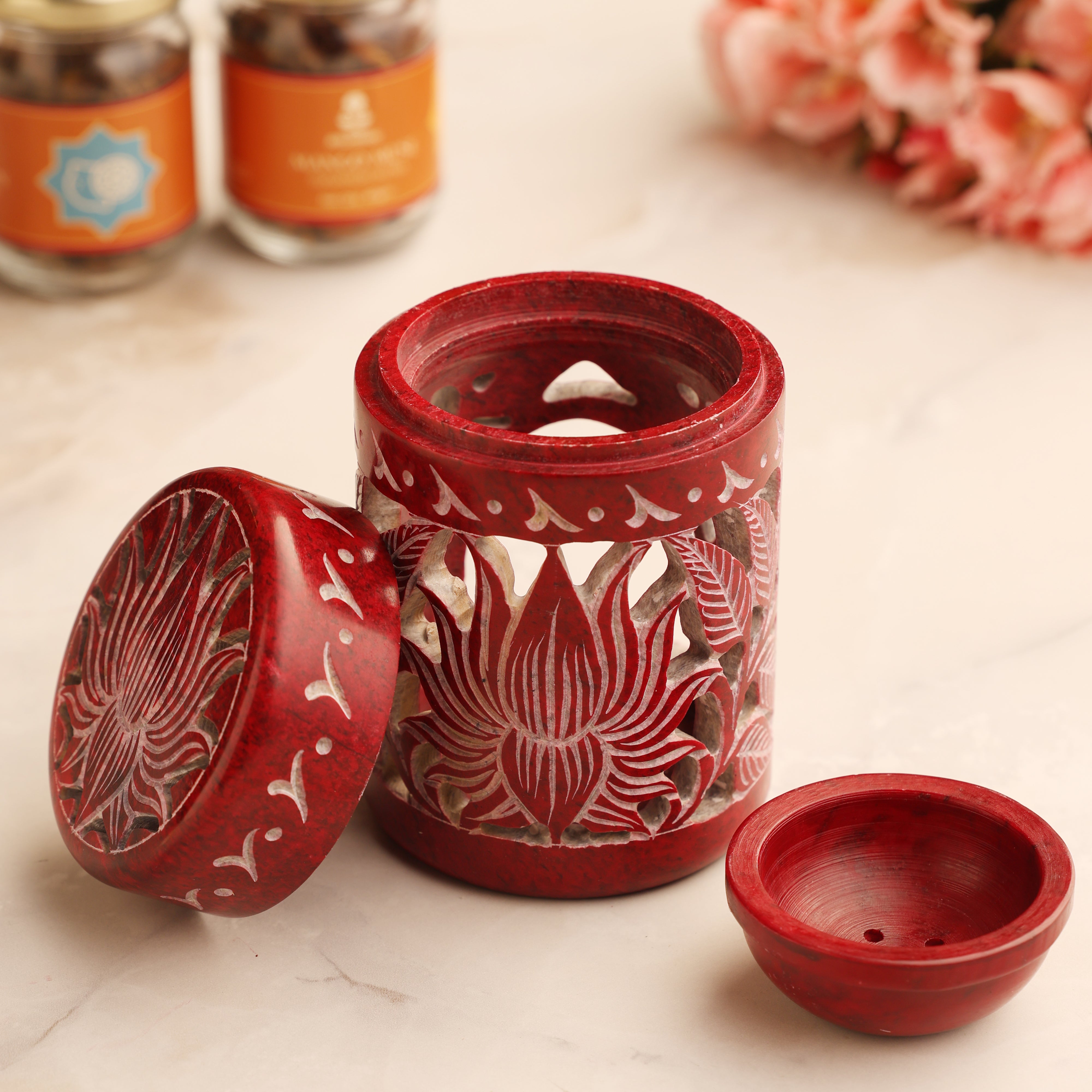 Sugandh-Sutra 3-in-1 Bakhoor Fragrance Kit - Lotus Handcarved Soapstone Burner with 2 Unique Fragrances (45 gm each)