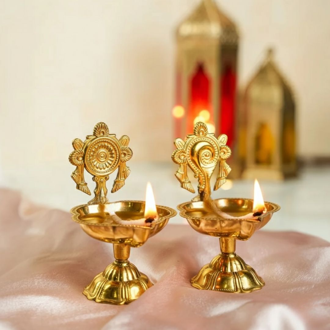 Brass Shankh & Chakra Jyoti Diya-Set of 2