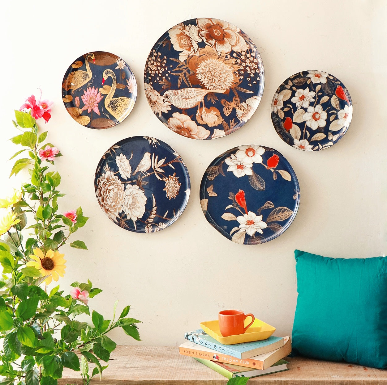 Oriental Blooms Wall Plates- Set of 5