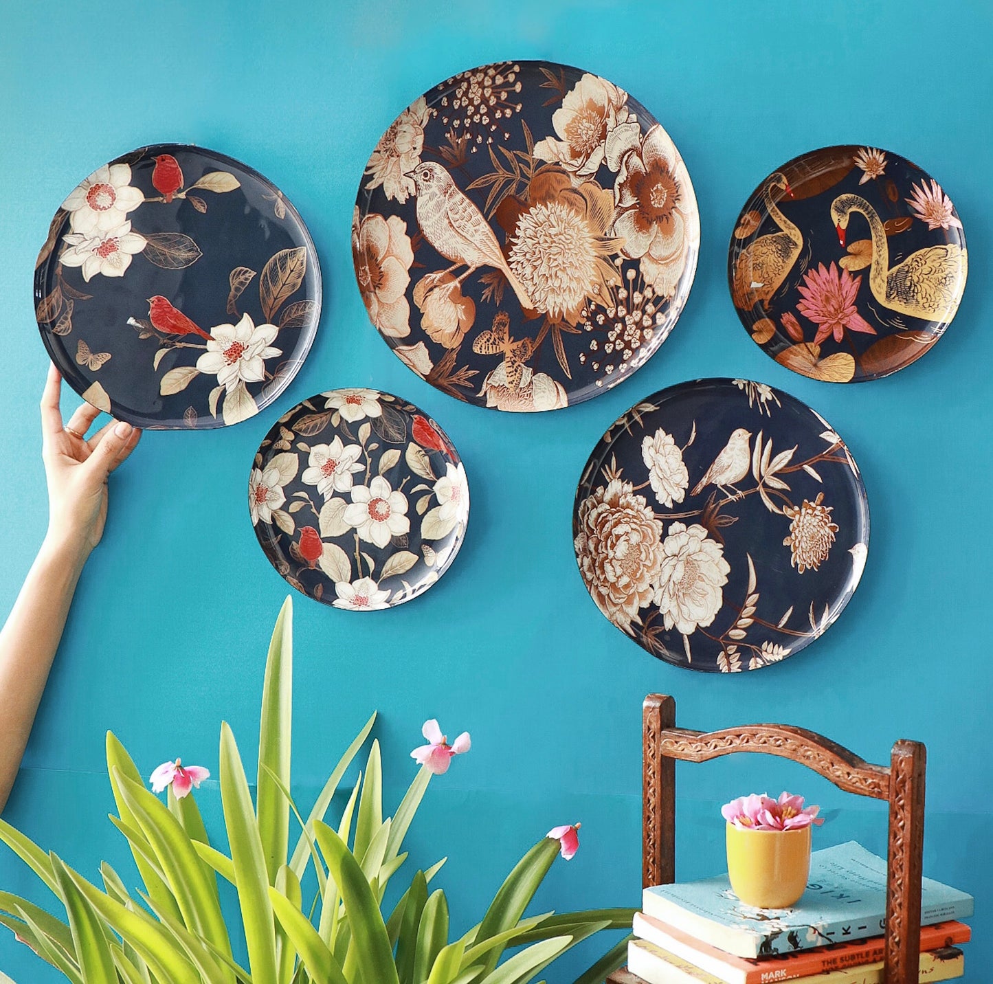 Oriental Blooms Wall Plates- Set of 5
