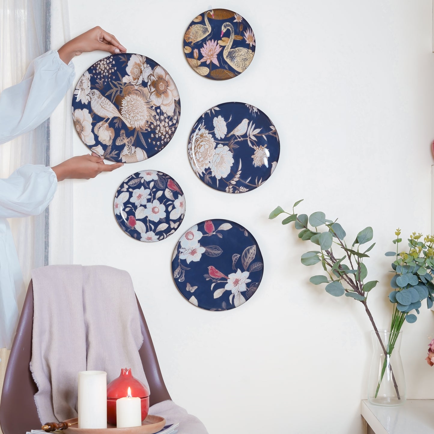 Oriental Blooms Wall Plates- Set of 5