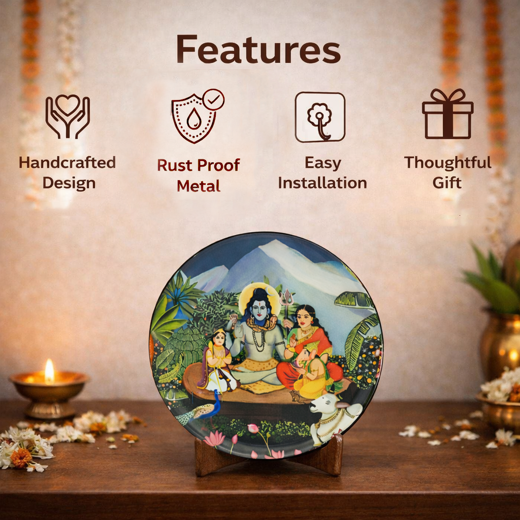 Shiv Parivar in Kailasha Art Wall plate with Wooden Stand - 10 inches