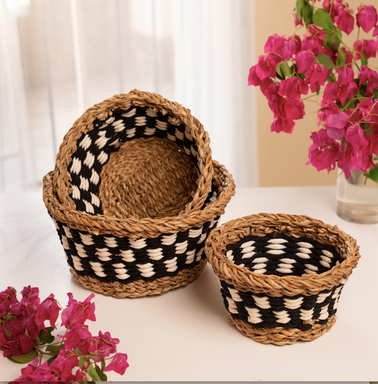 Seagrass Round Checkers Multipurpose Basket- Set of 3