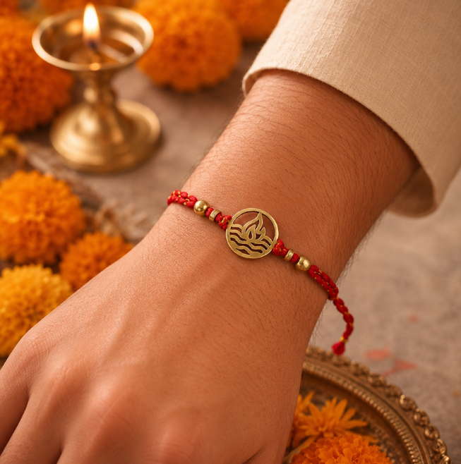 Brass Agni Rakhi with Sibling Fridge Magnet & Gift Box