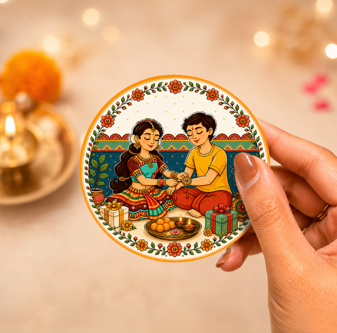 Brass Agni Rakhi with Sibling Fridge Magnet & Gift Box