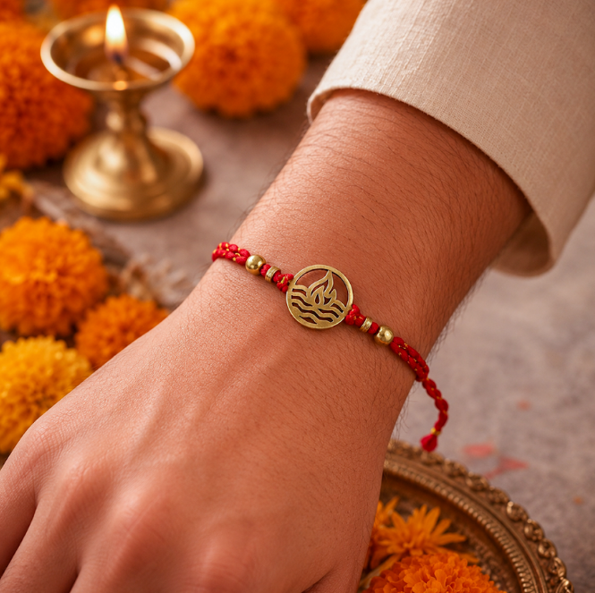 Brass Agni Rakhi & Charms Lumba Bracelet with Set of 2 Sibling Fridge Magnets & Gift Box