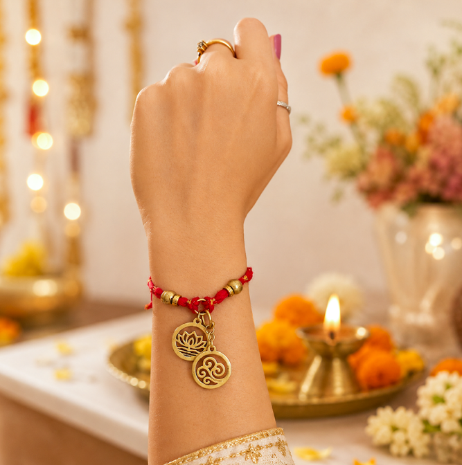 Brass Agni Rakhi & Charms Lumba Bracelet with Set of 2 Sibling Fridge Magnets & Gift Box