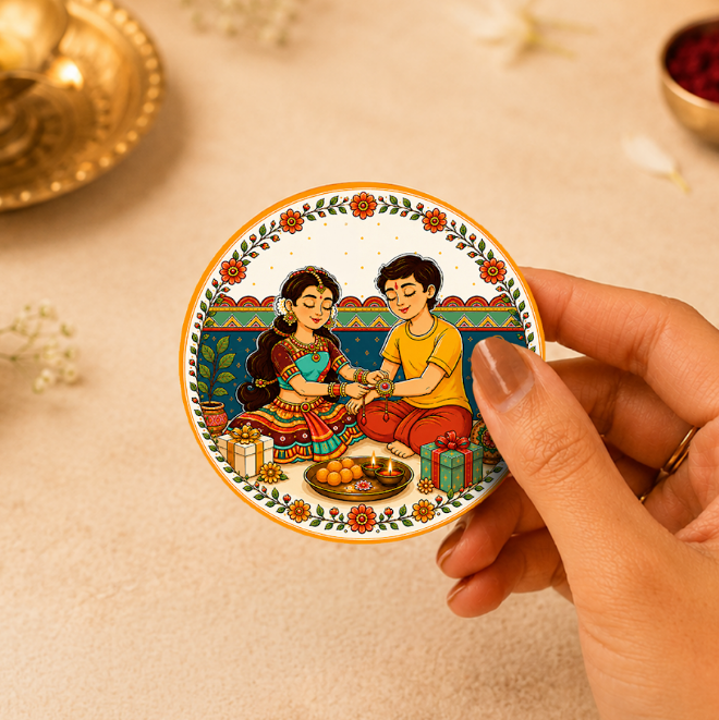 Brass Agni Rakhi & Charms Lumba Bracelet with Set of 2 Sibling Fridge Magnets & Gift Box