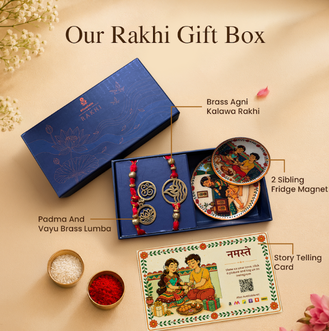 Brass Agni Rakhi & Charms Lumba Bracelet with Set of 2 Sibling Fridge Magnets & Gift Box