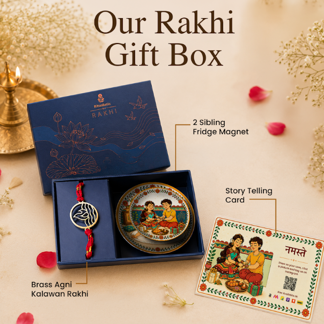 Brass Agni Rakhi with Set of 2 Sibling Fridge Magnets & Gift Box