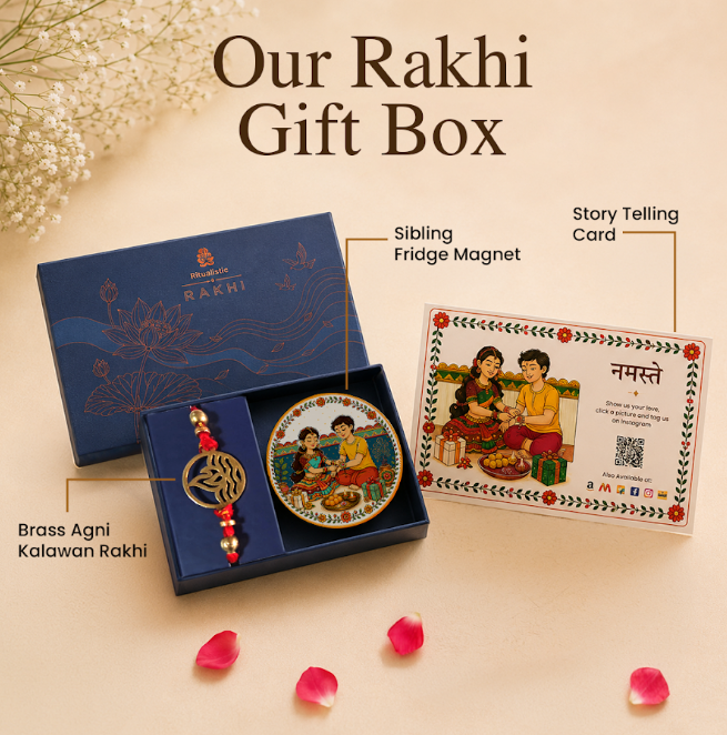 Brass Agni Rakhi with Sibling Fridge Magnet & Gift Box