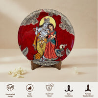 Radha Krishna Kalamkari Wall plate with Wooden Stand - 10 inches