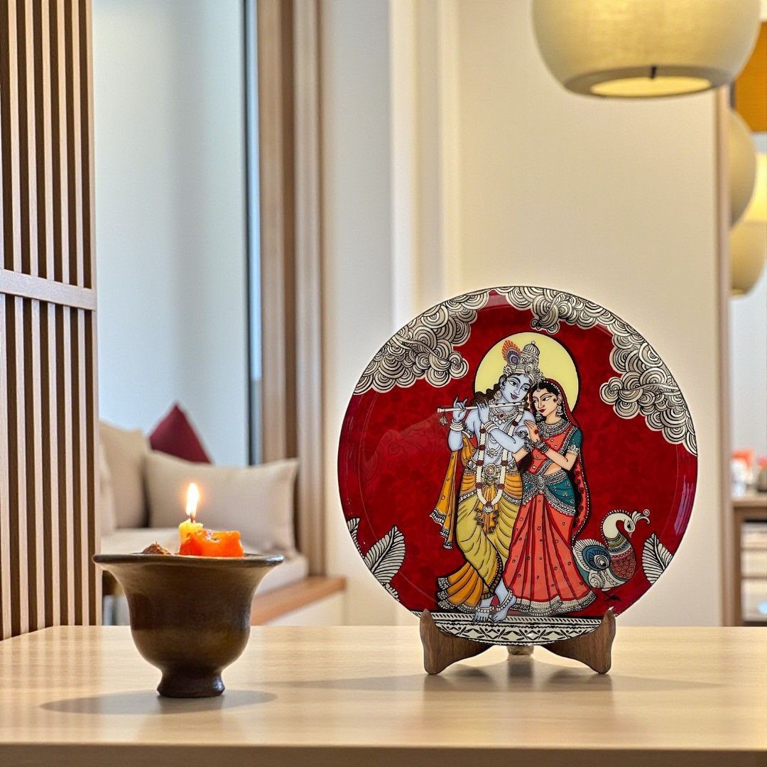 Radha Krishna Kalamkari Wall plate with Wooden Stand - 10 inches