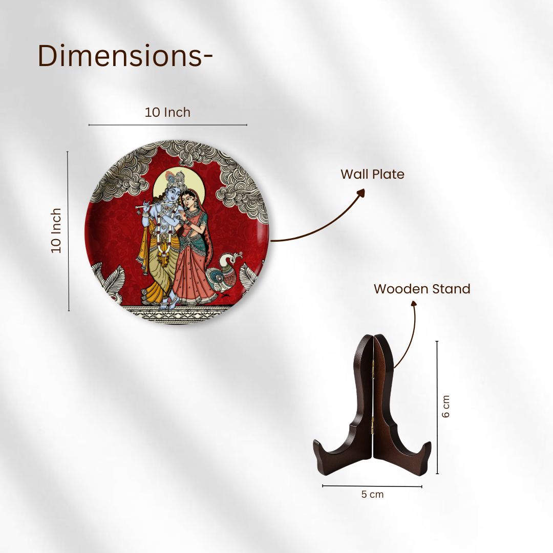 Radha Krishna Kalamkari Wall plate with Wooden Stand - 10 inches