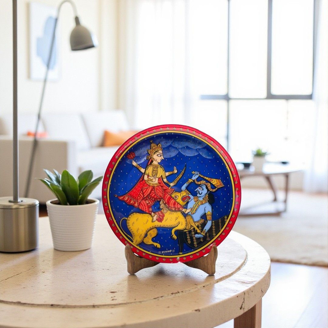 Goddess Durga & demon Folk Art  Wall plate with Wooden Stand - 8 inches