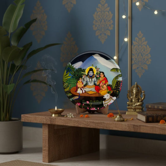 Shiv Parivar in Kailasha Art Wall plate with Wooden Stand - 10 inches