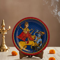 Goddess Durga & demon Folk Art  Wall plate with Wooden Stand - 8 inches