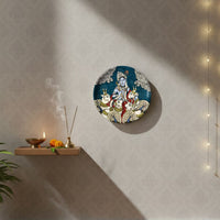 Dwarka Krishna with his Cows Kalamkari Wall plate with Wooden Stand - 8 inches