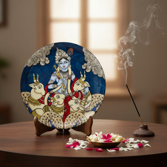 Dwarka Krishna with his Cows Kalamkari Wall plate with Wooden Stand - 8 inches