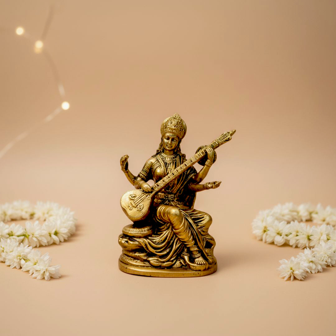 Handcrafted Brass Maa Saraswati Idol for Car Dashboard