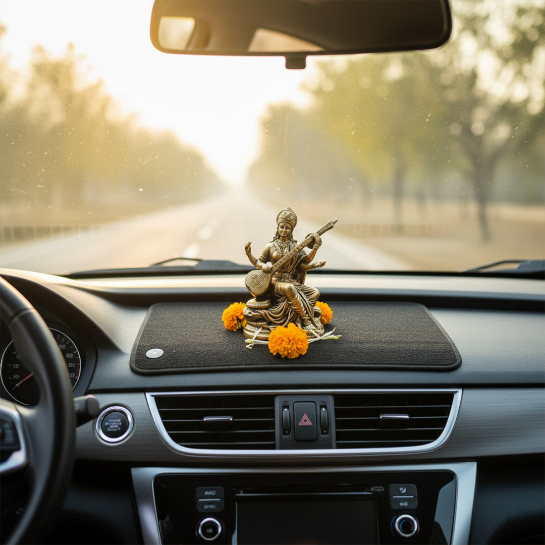 Handcrafted Brass Maa Saraswati Idol for Car Dashboard