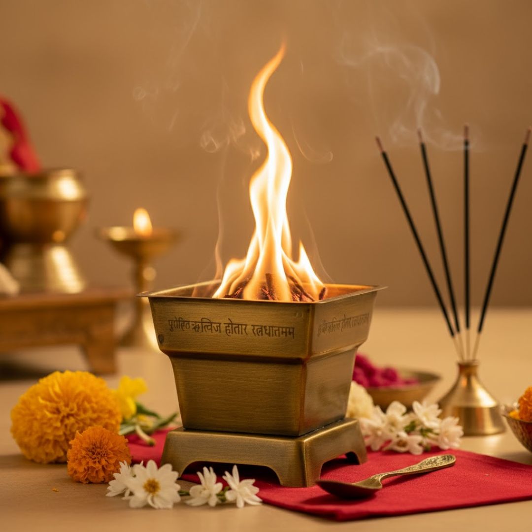 Brass Hawan Kund  with Spoon for Vedic Rituals at Home