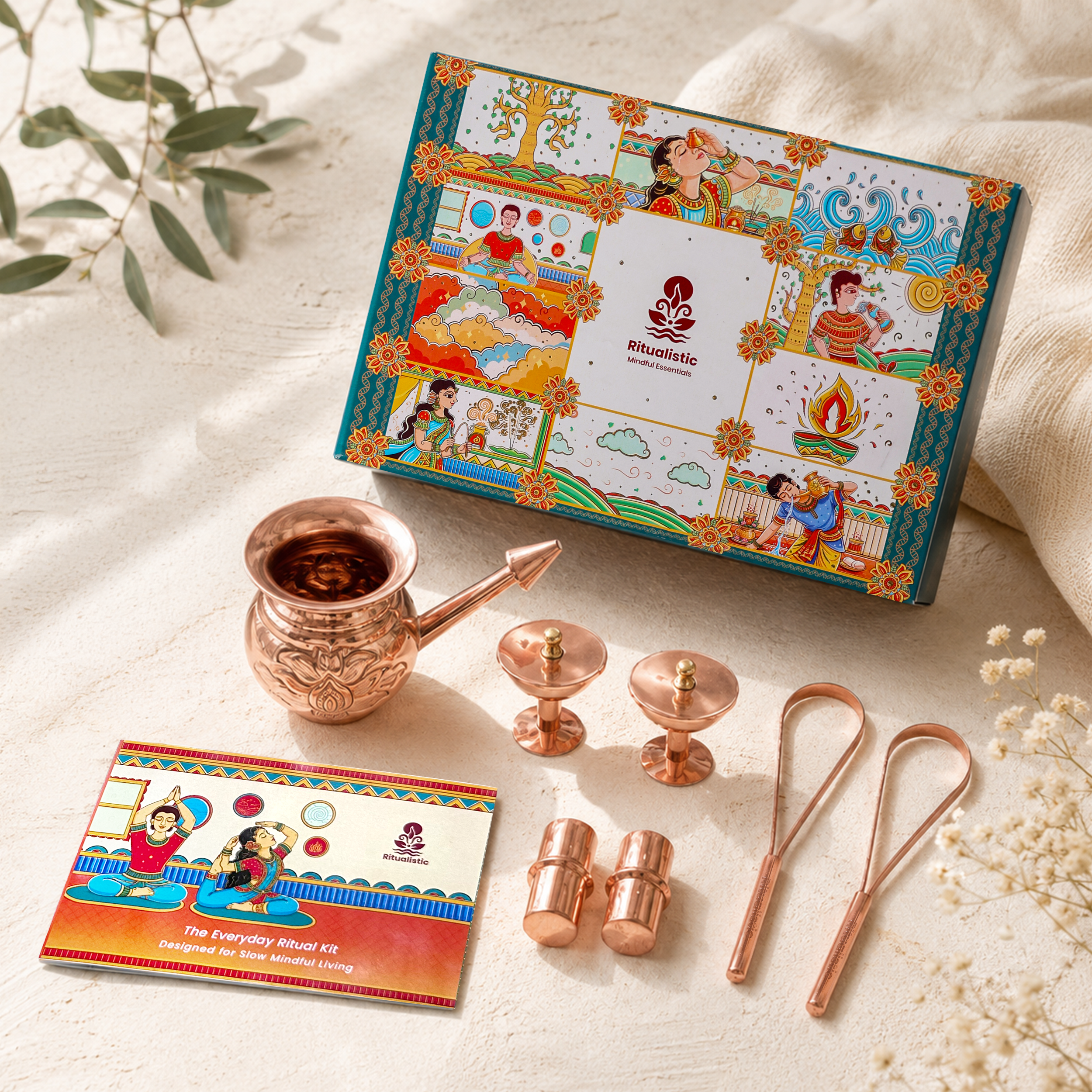 Daily Copper Wellness Gift Box – 4 in 1 (1 Jal Neti Pot + 2 Tongue Cleaners + 1 Pair of Eye Wash Cups + 1 Copper Charging Capsule)