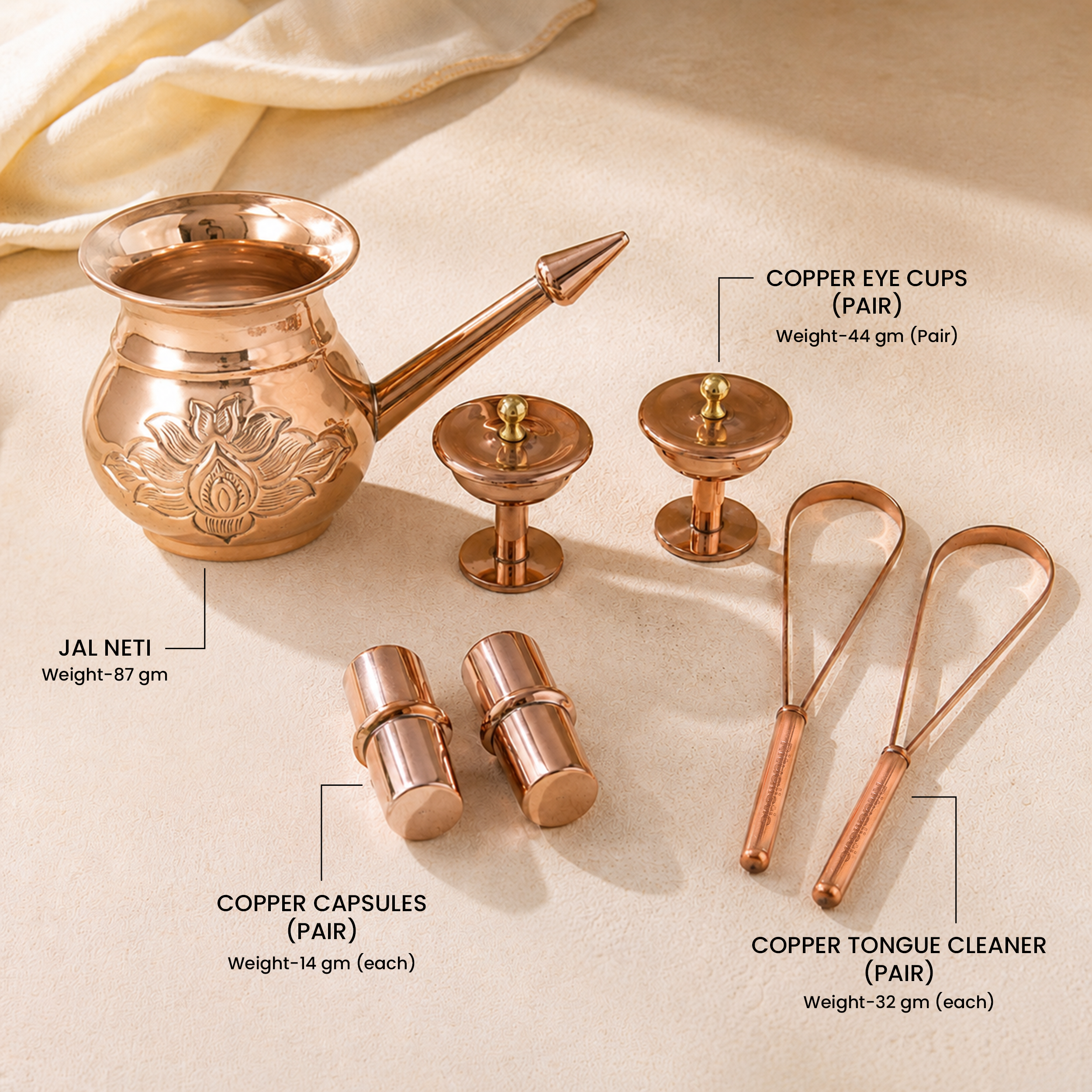 Daily Copper Wellness Gift Box – 4 in 1 (1 Jal Neti Pot + 2 Tongue Cleaners + 1 Pair of Eye Wash Cups + 1 Copper Charging Capsule)