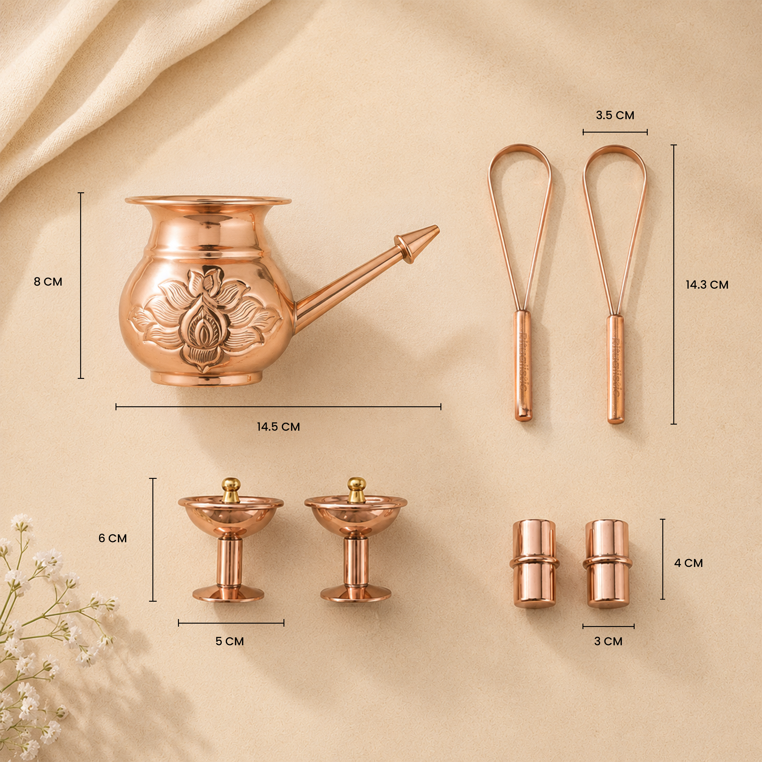 Daily Copper Wellness Gift Box – 4 in 1 (1 Jal Neti Pot + 2 Tongue Cleaners + 1 Pair of Eye Wash Cups + 1 Copper Charging Capsule)