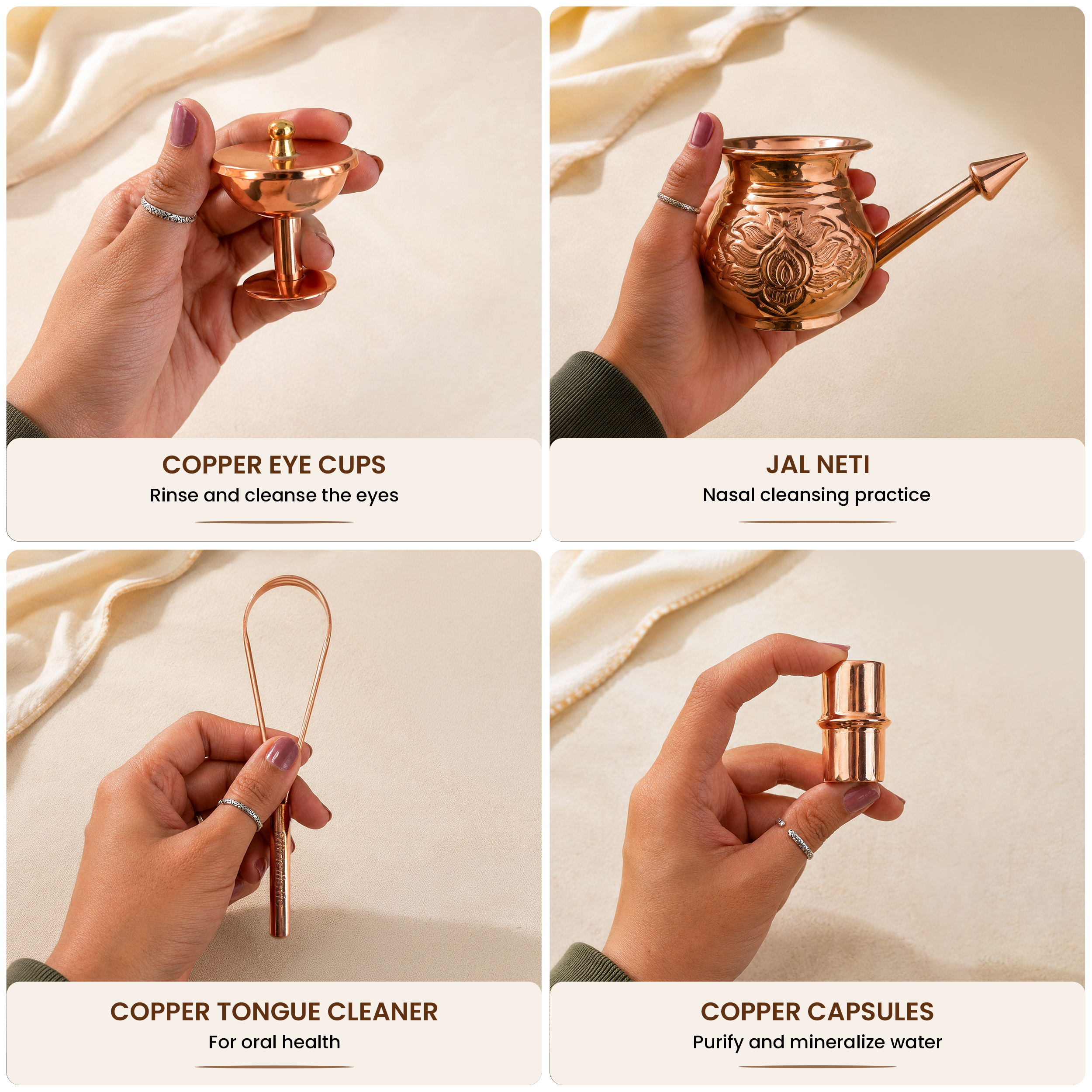 Daily Copper Wellness Gift Box – 4 in 1 (1 Jal Neti Pot + 2 Tongue Cleaners + 1 Pair of Eye Wash Cups + 1 Copper Charging Capsule)