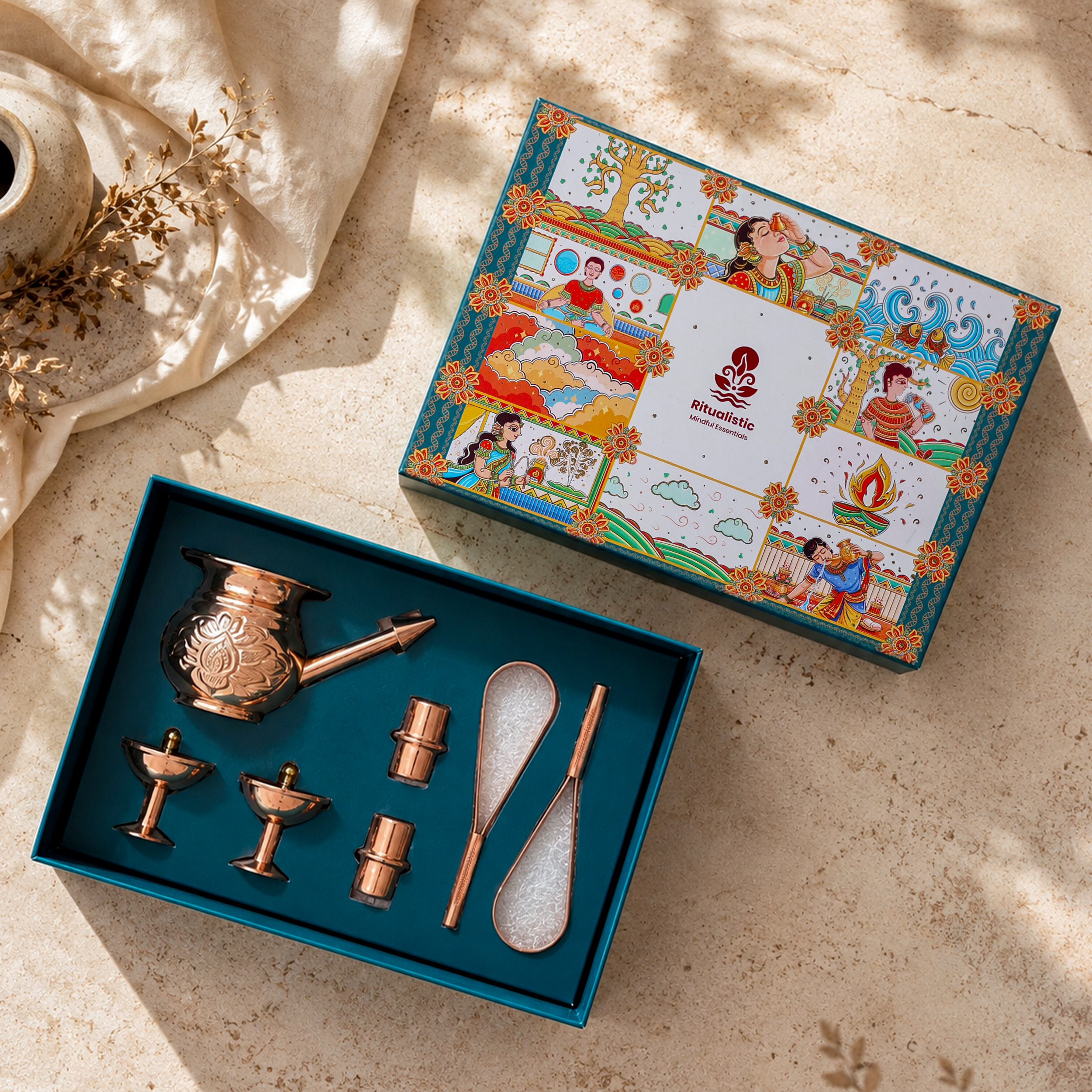 Daily Copper Wellness Gift Box – 4 in 1 (1 Jal Neti Pot + 2 Tongue Cleaners + 1 Pair of Eye Wash Cups + 1 Copper Charging Capsule)