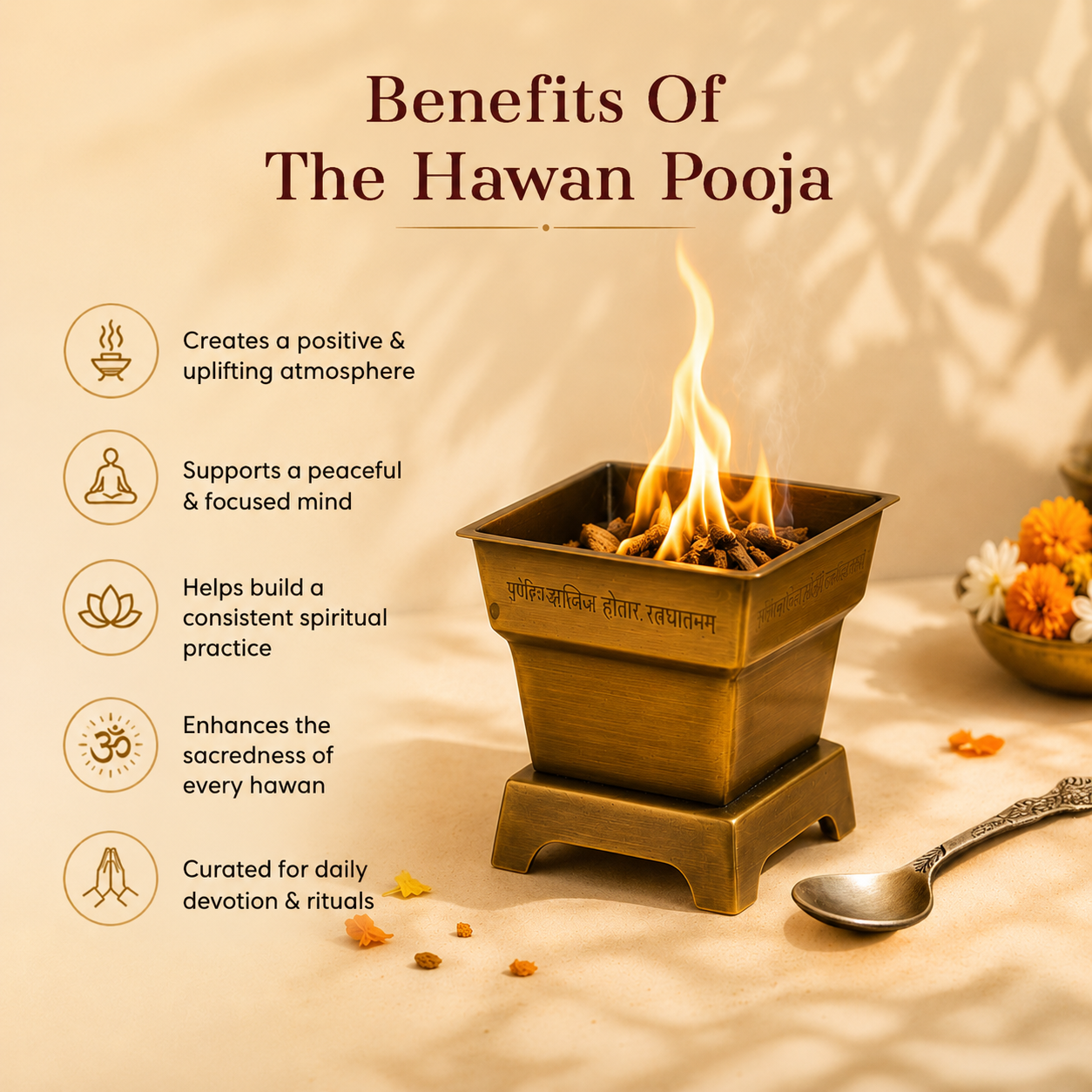 Brass Hawan Kund with Spoon for Vedic Rituals at Home