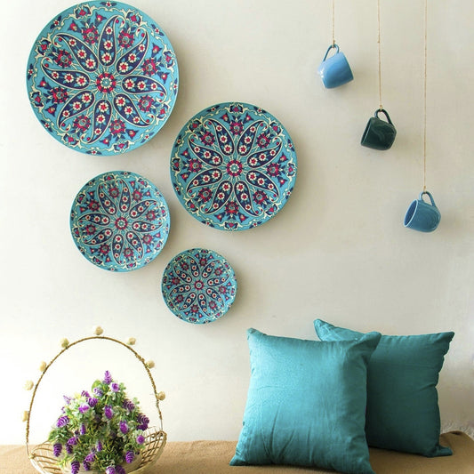 MNL Decorative Plates Turquoise Turkish Paisley Wall Plates- Set of 4