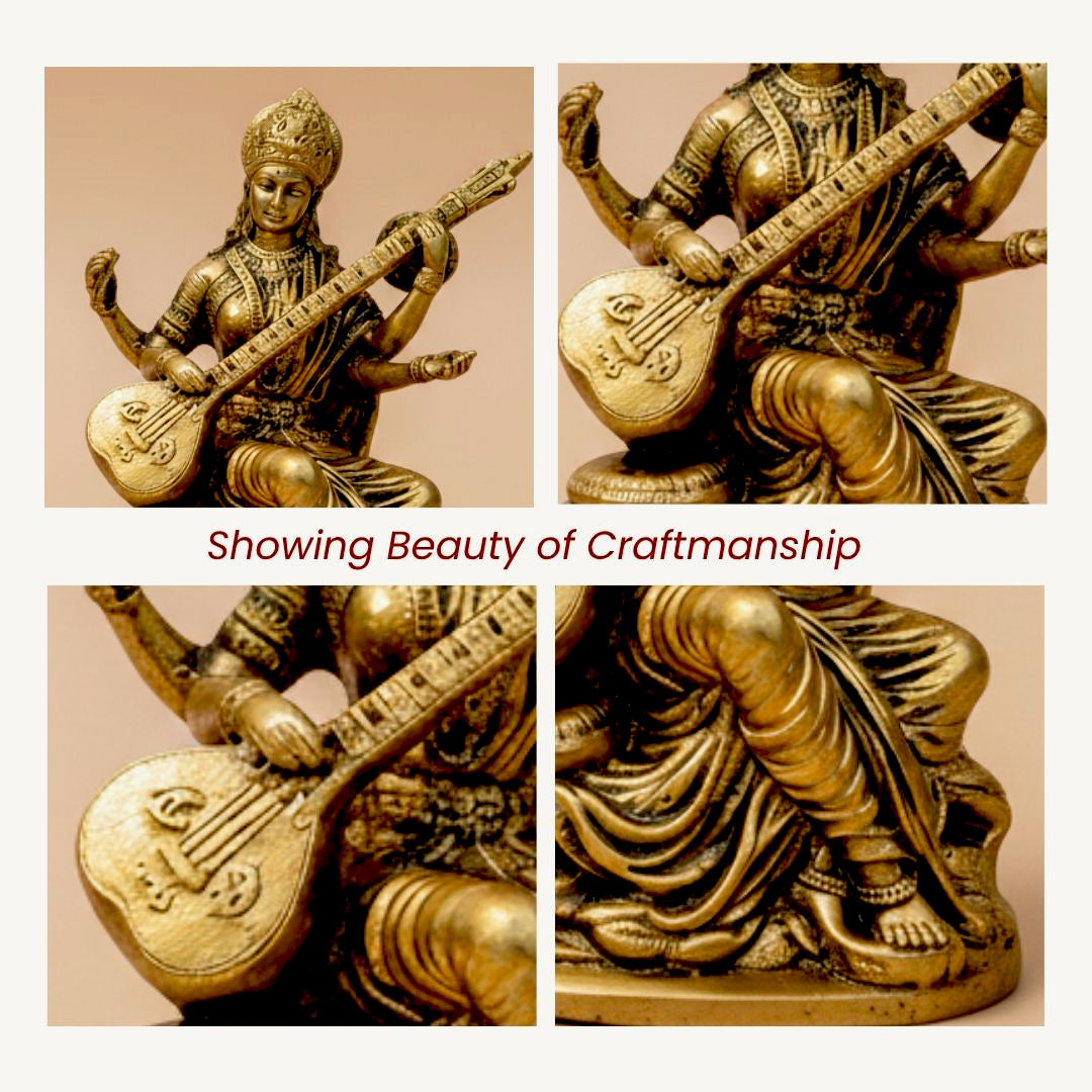 Handcrafted Brass Maa Saraswati Idol for Car Dashboard