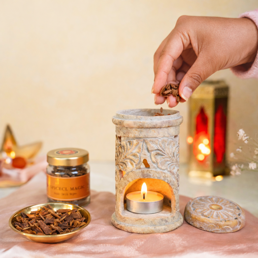 Sugandh-Sutra 5-in-1 Bakhoor Fragrance Ritual Kit - Floral HandCarved Soapstone Burner with 4 unique fragrances (10gms each)