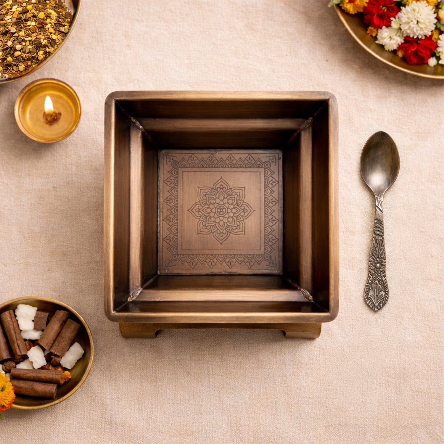 Handcrafted Brass Hawan kund with spoon for Daily Pooja Home Ritual (Large - 260 gms approx)