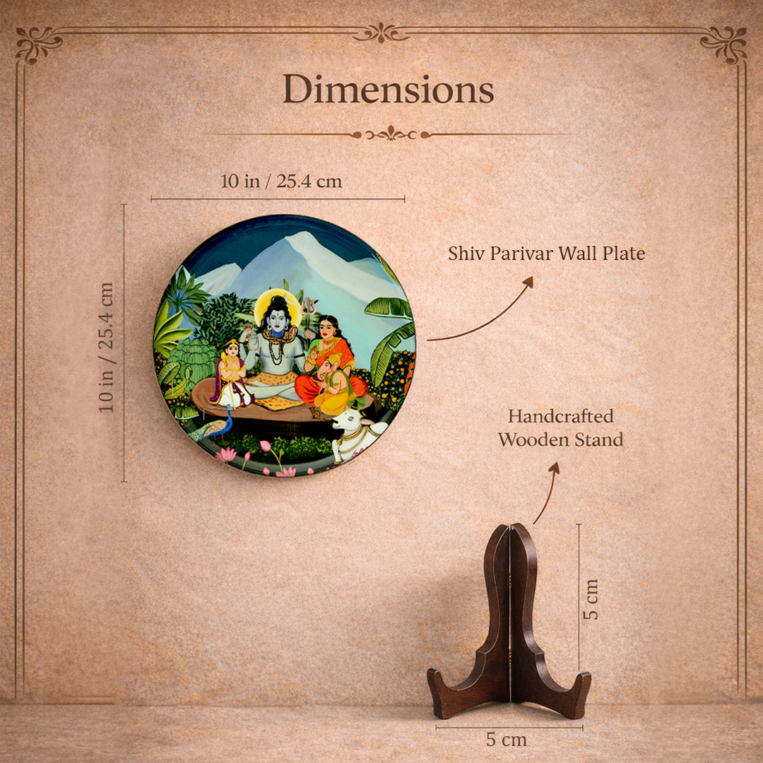 Shiv Parivar in Kailasha Art Wall plate with Wooden Stand - 10 inches