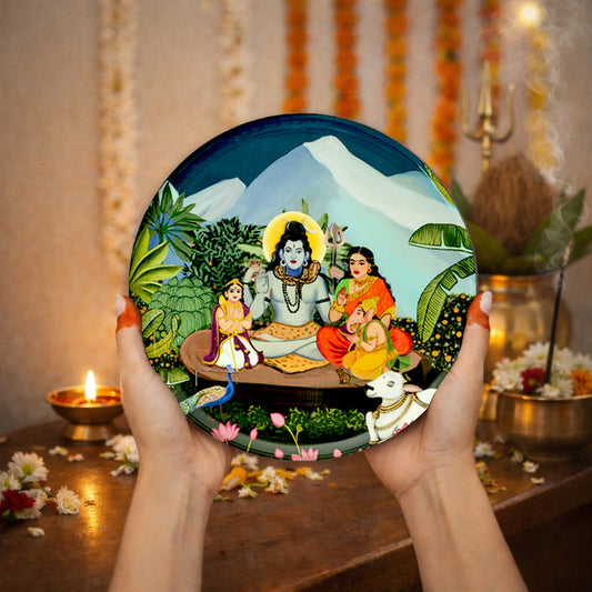 Shiv Parivar in Kailasha Art Wall plate with Wooden Stand - 10 inches