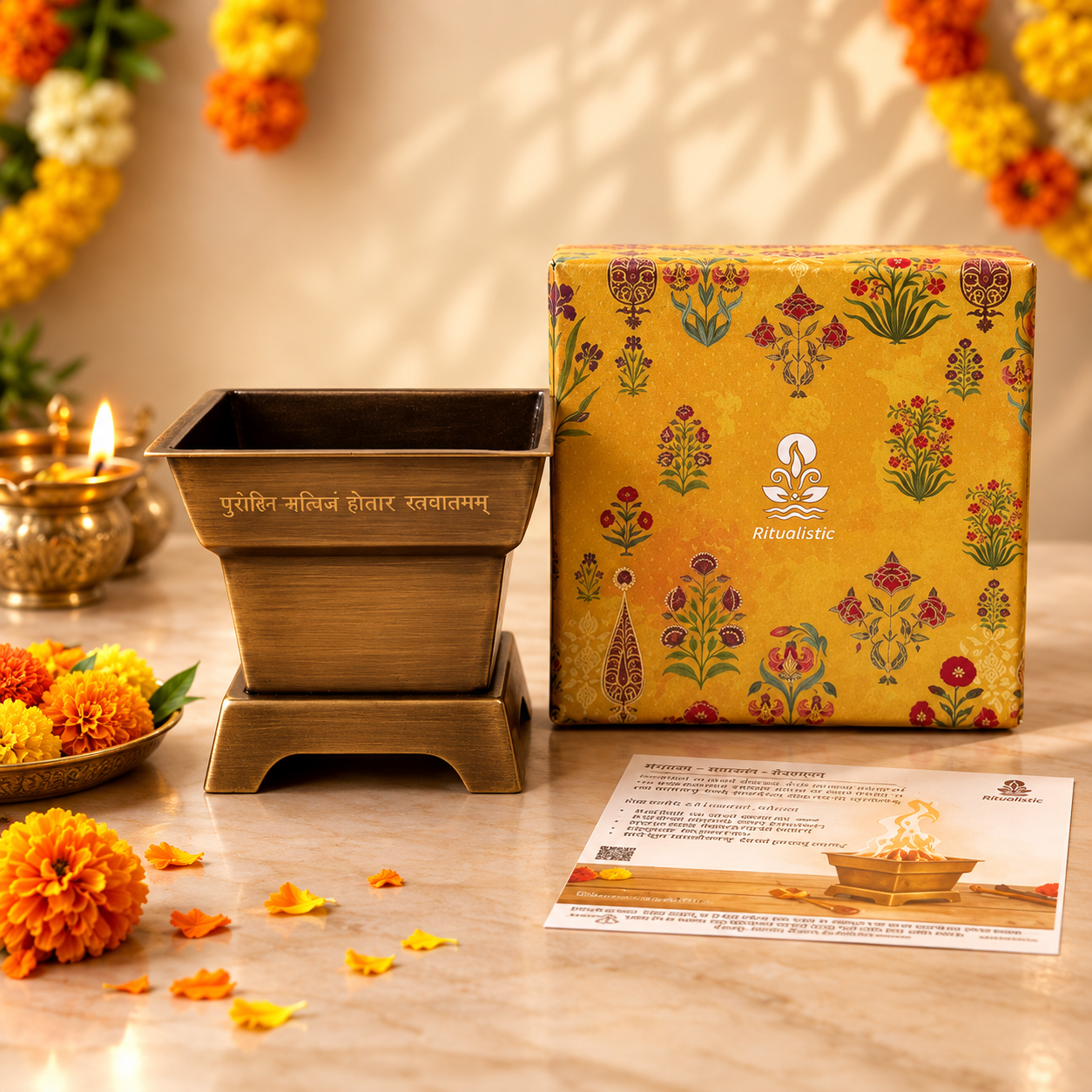 Brass Hawan Kund with Spoon for Vedic Rituals at Home