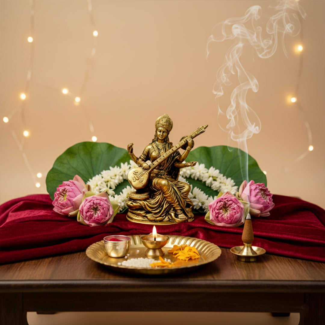 Handcrafted Brass Maa Saraswati Idol for Car Dashboard