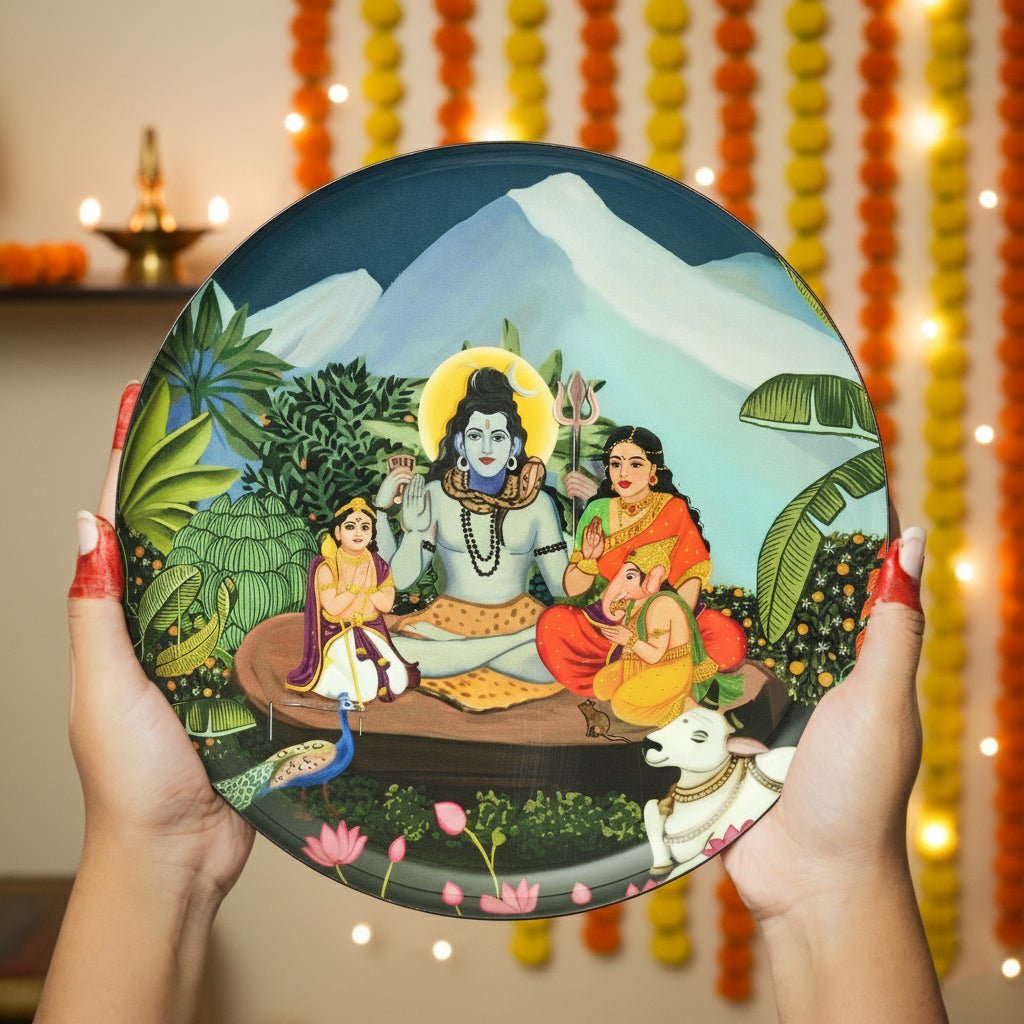 Shiv Parivar in Kailasha Art Wall plate with Wooden Stand - 10 inches